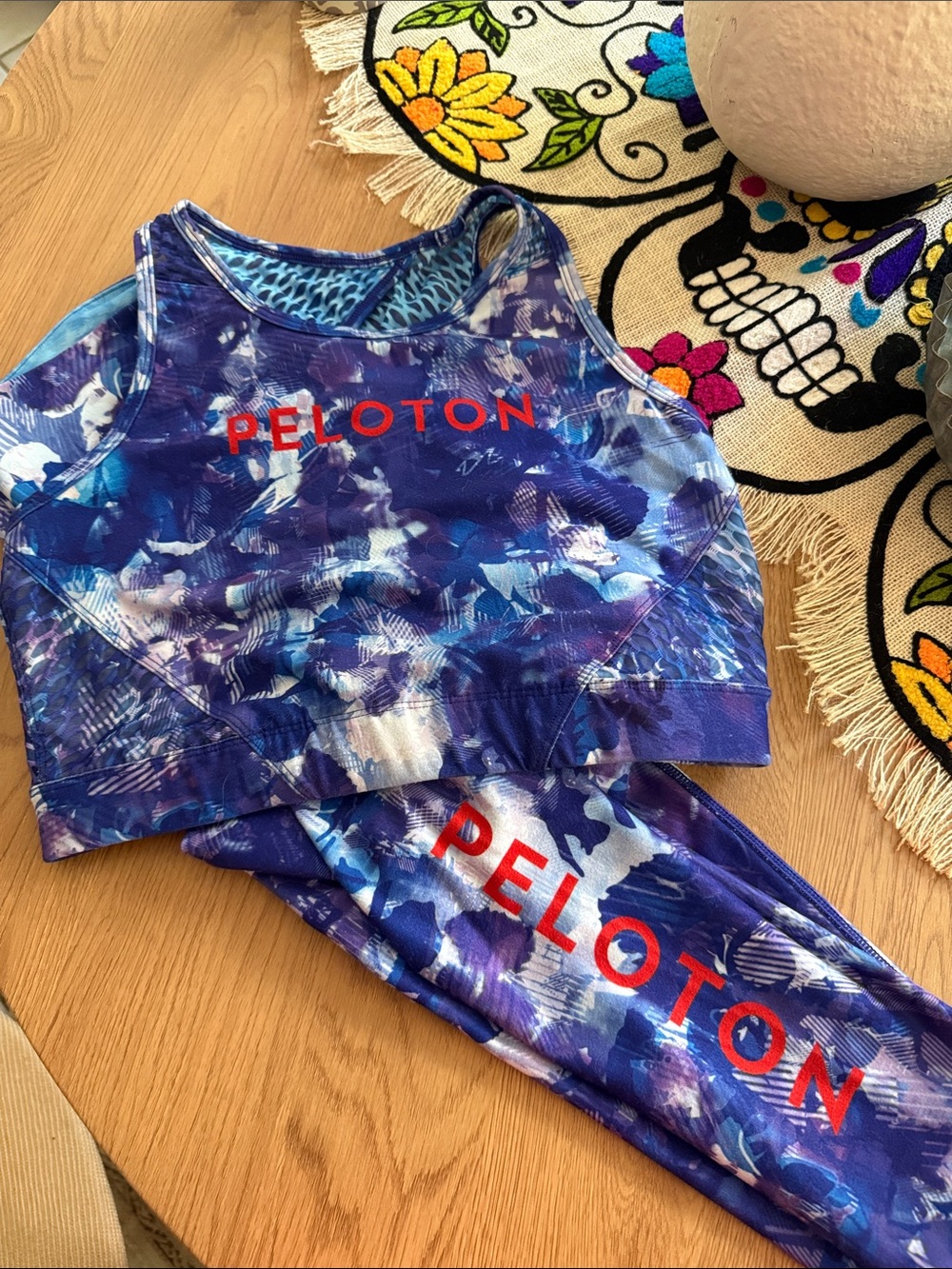 Peloton womens Purple & Blue Tie-Dye Active Set bra & leggings. Limited Edition